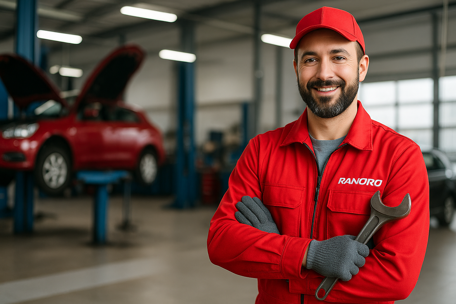 Taller mecánico moderno con un coche deportivo
